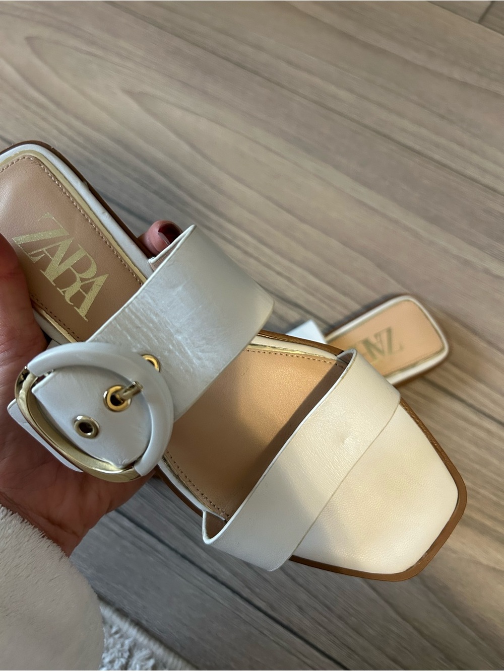 ZARA Cream Double-Strap Slide Mules with Round Buckle